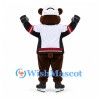 Bear Mascot Costume in Brown with White Hockey Jersey and Gloves