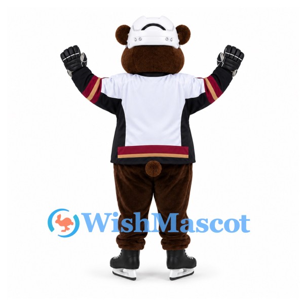 Bear Mascot Costume in Brown with White Hockey Jersey and Gloves