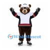 Bear Mascot Costume in Brown with White Hockey Jersey and Gloves