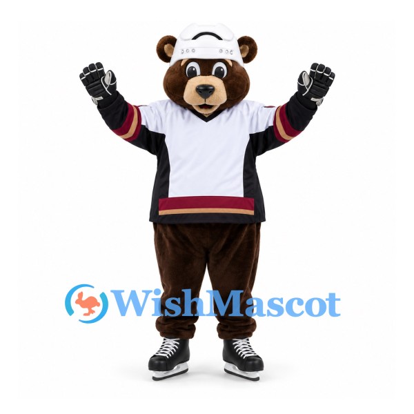 Bear Mascot Costume in Brown with White Hockey Jersey and Gloves