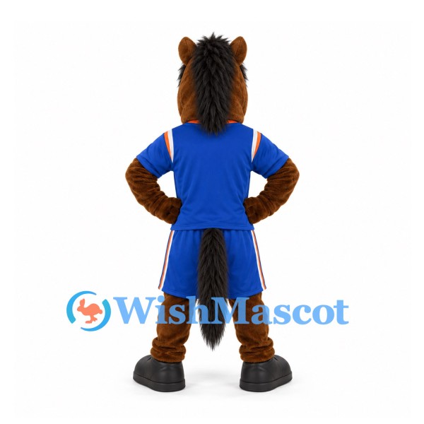 Horse Mascot Costume in Brown with Blue Sports Uniform