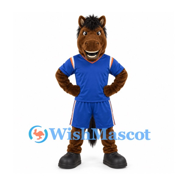 Horse Mascot Costume in Brown with Blue Sports Uniform
