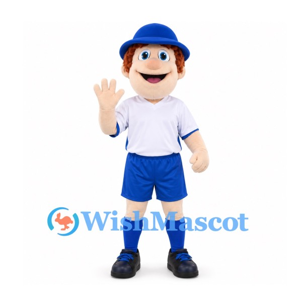 Boy Mascot Costume in White Shirt Blue Shorts and Blue Cap