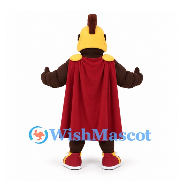 Warrior Mascot Costume in Gold Armor with Red Cape and Helmet