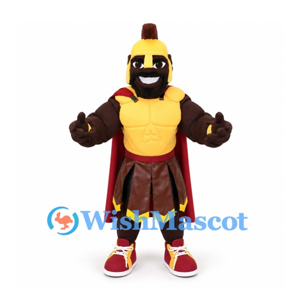 Warrior Mascot Costume in Gold Armor with Red Cape and Helmet