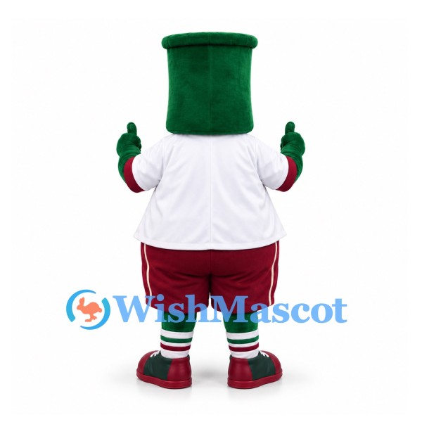 Green Hat Character Mascot Costume with White Shirt and Burgundy Shorts