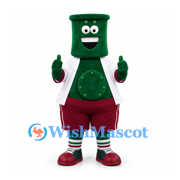 Green Hat Character Mascot Costume with White Shirt and Burgundy Shorts