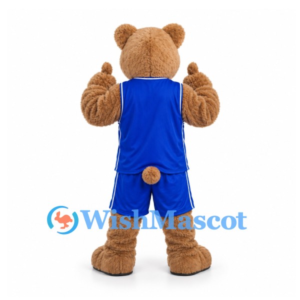 Bear Mascot Costume in Tan with Blue Sports Uniform