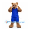 Bear Mascot Costume in Tan with Blue Sports Uniform