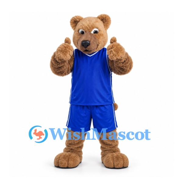 Bear Mascot Costume in Tan with Blue Sports Uniform