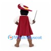 Musketeer Mascot Costume in Yellow Vest with Red Cape and Feathered Hat