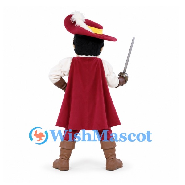 Musketeer Mascot Costume in Yellow Vest with Red Cape and Feathered Hat