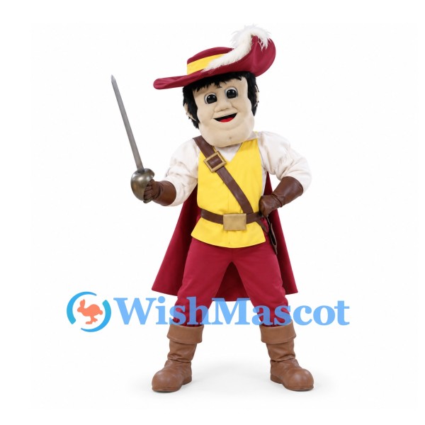 Musketeer Mascot Costume in Yellow Vest with Red Cape and Feathered Hat