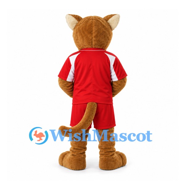 Cougar Mascot Costume in Brown with Red Sports Uniform