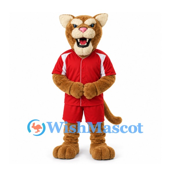 Cougar Mascot Costume in Brown with Red Sports Uniform
