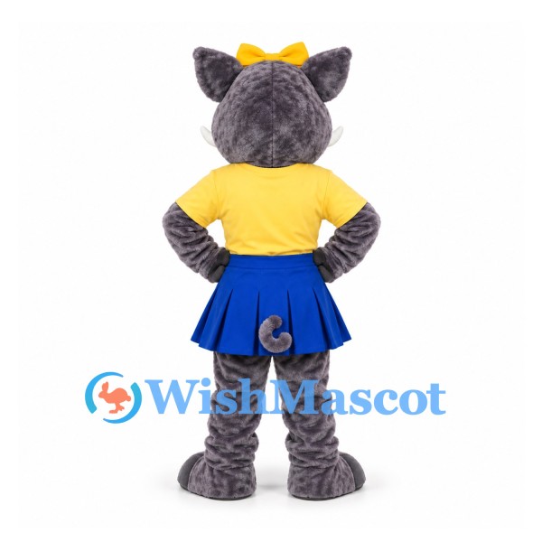 Boar Mascot Costume in Gray with Yellow Shirt and Blue Skirt