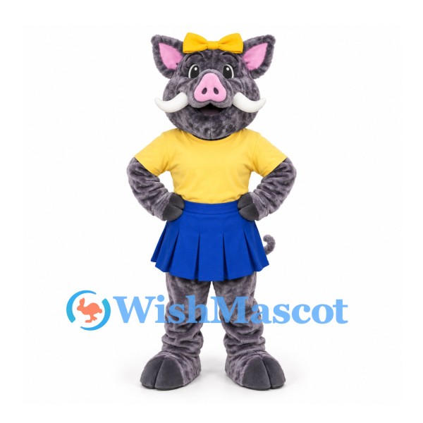 Boar Mascot Costume in Gray with Yellow Shirt and Blue Skirt