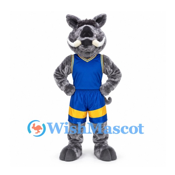 Boar Mascot Costume in Gray with Blue and Yellow Sports Uniform