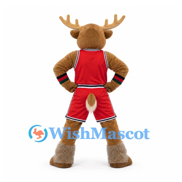 Deer Mascot Costume in Brown with Red Basketball Uniform