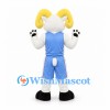 Ram Mascot Costume in White with Yellow Horns and Blue Sports Uniform