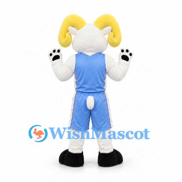 Ram Mascot Costume in White with Yellow Horns and Blue Sports Uniform