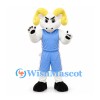 Ram Mascot Costume in White with Yellow Horns and Blue Sports Uniform