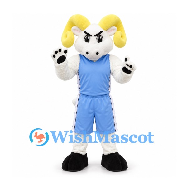 Ram Mascot Costume in White with Yellow Horns and Blue Sports Uniform
