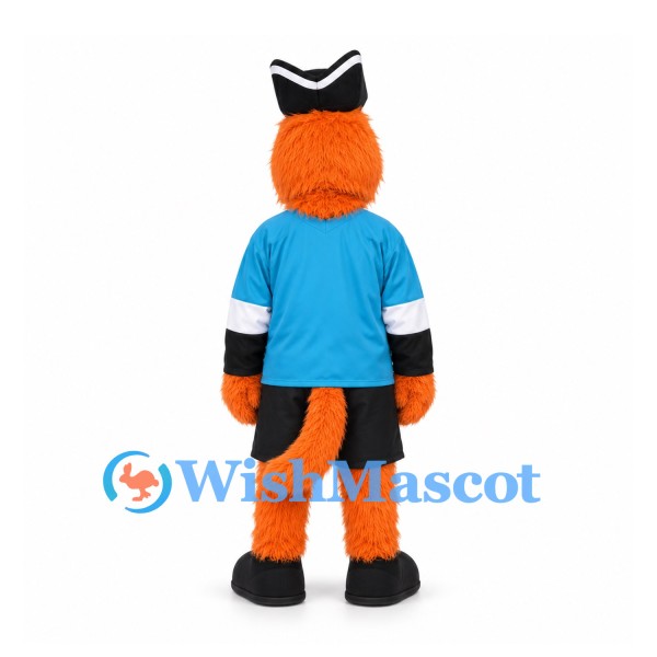 Monster Mascot Costume in Orange with Blue Shirt and Black Hat
