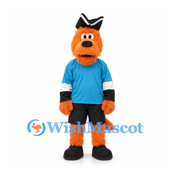 Monster Mascot Costume in Orange with Blue Shirt and Black Hat