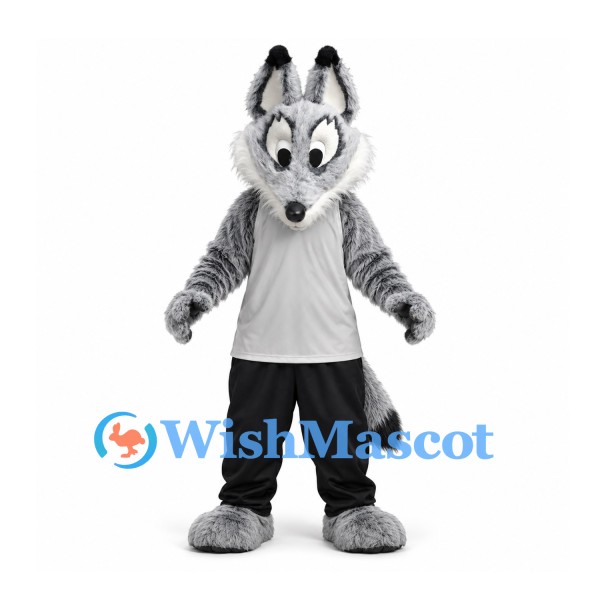 Wolf Mascot Costume in Gray with White Shirt and Black Trousers