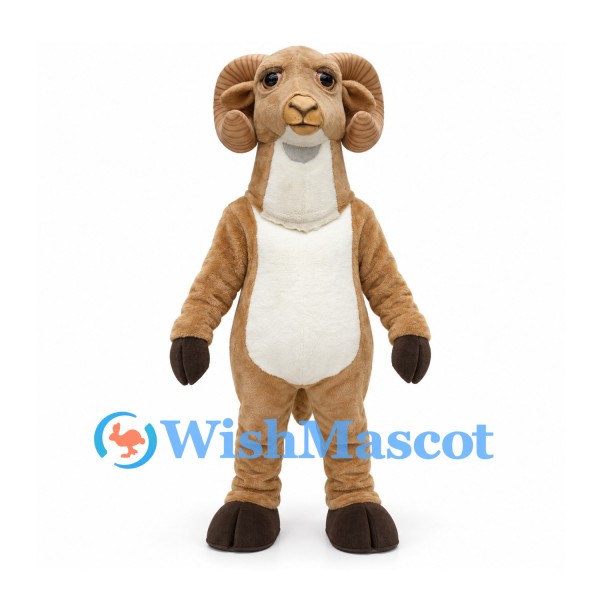 Ram Mascot Costume in Tan with Curled Horns and Cream Belly