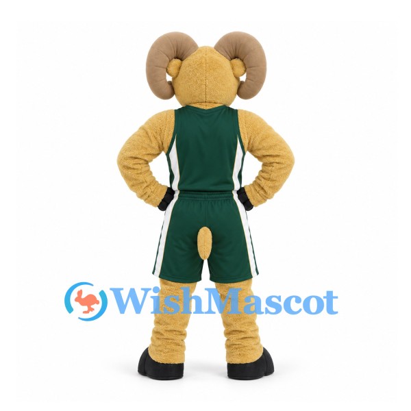 Ram Mascot Costume in Tan with Green Sports Uniform