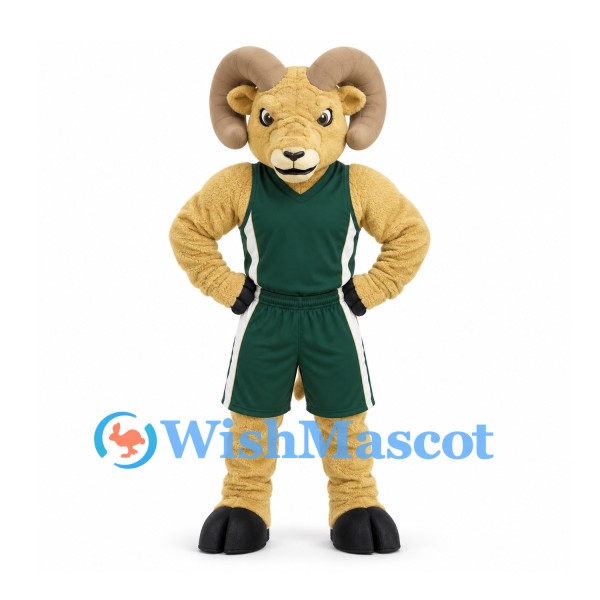 Ram Mascot Costume in Tan with Green Sports Uniform