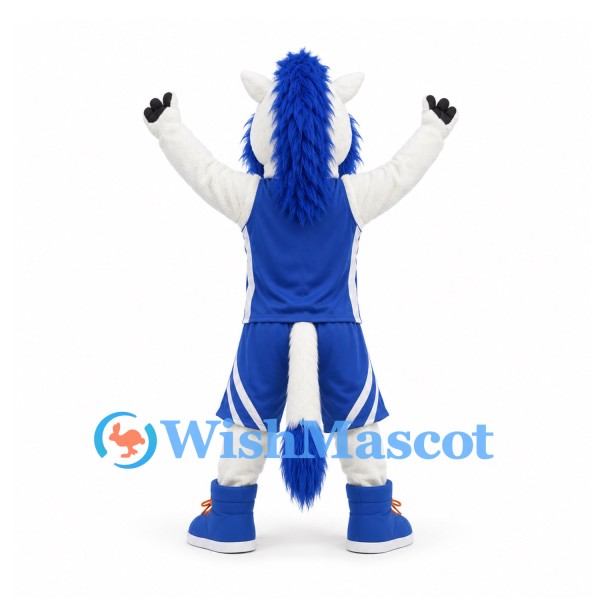 Horse Mascot Costume in White with Blue Mane and Sports Uniform