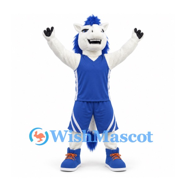 Horse Mascot Costume in White with Blue Mane and Sports Uniform