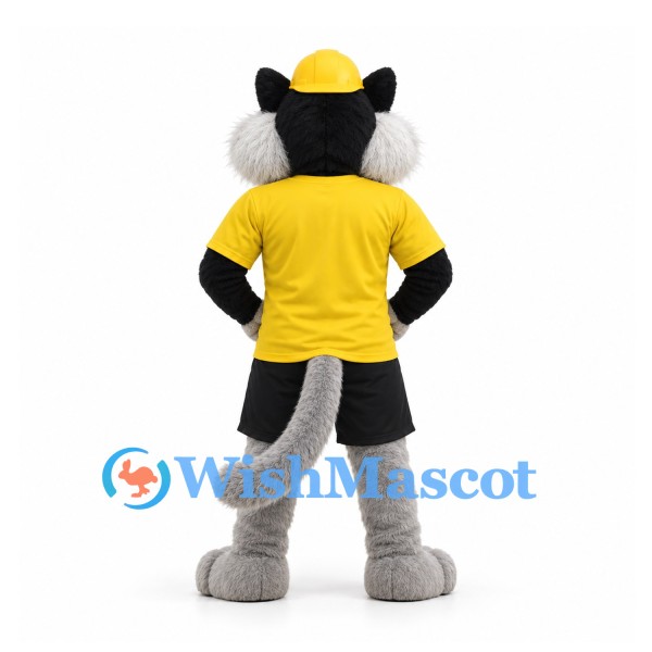 Wolf Mascot Costume in Gray with Yellow Shirt and Cap