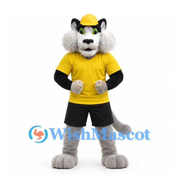 Wolf Mascot Costume in Gray with Yellow Shirt and Cap