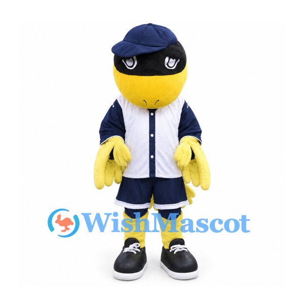 Masked Character Mascot Costume in Yellow with Navy Baseball Cap and Uniform