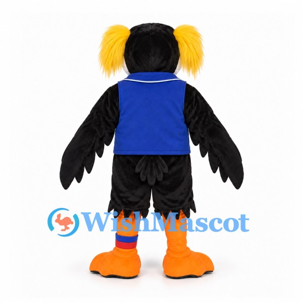 Bird Mascot Costume in Black and Orange with Blue Vest