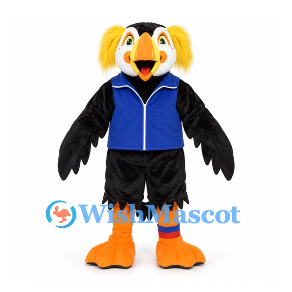 Bird Mascot Costume in Black and Orange with Blue Vest