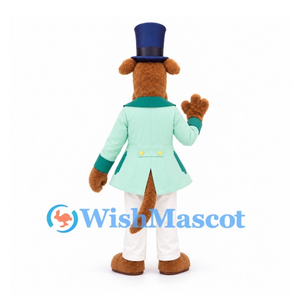 Dog Mascot Costume in Mint Jacket with Navy Top Hat and Mustache