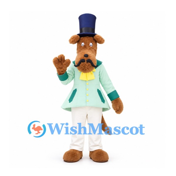 Dog Mascot Costume in Mint Jacket with Navy Top Hat and Mustache
