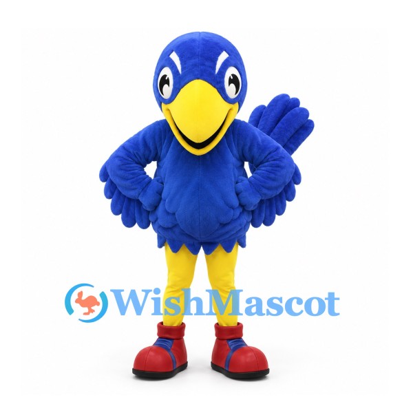 Bird Mascot Costume in Blue with Yellow Beak and Red Shoes