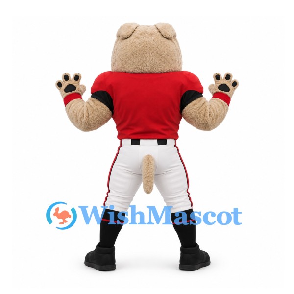 Bulldog Mascot Costume in Tan with Red Baseball Jersey and White Trousers