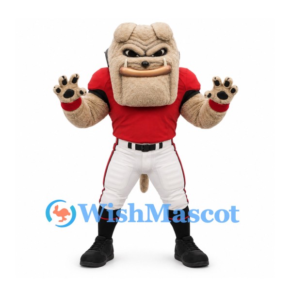 Bulldog Mascot Costume in Tan with Red Baseball Jersey and White Trousers