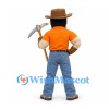 Prospector Mascot Costume in Orange Shirt with Brown Hat and Pickaxe