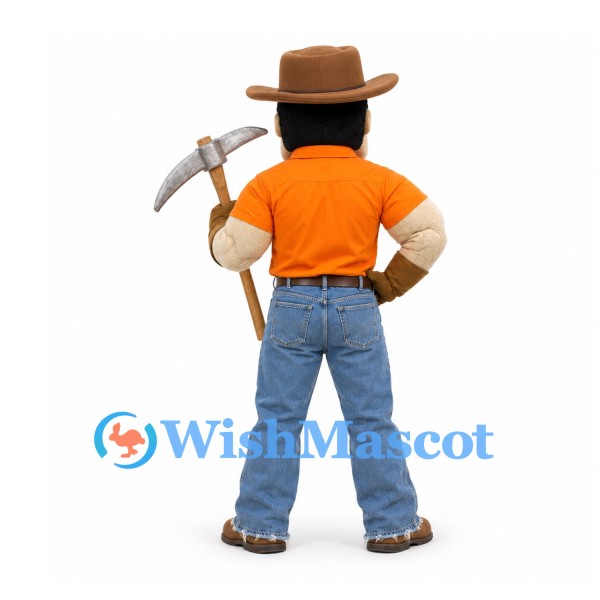 Prospector Mascot Costume in Orange Shirt with Brown Hat and Pickaxe
