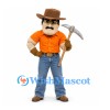 Prospector Mascot Costume in Orange Shirt with Brown Hat and Pickaxe