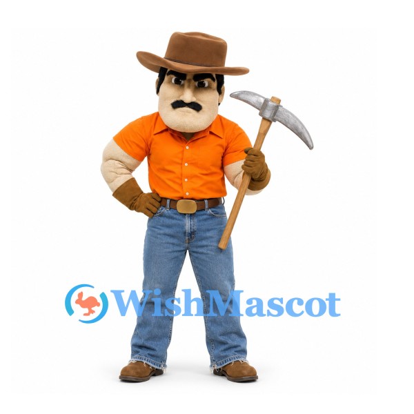 Prospector Mascot Costume in Orange Shirt with Brown Hat and Pickaxe