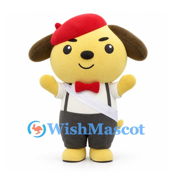 Dog Mascot Costume in White Shirt with Red Beret and Bow Tie